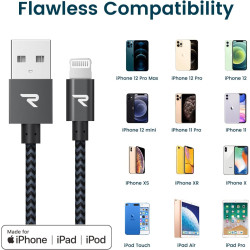 RAMPOW Câble iPhone [2M Long] Certifié Apple MFi, iPhone Chargeur Fibre de Nylon Tressé avec Ultra Résistant, Câble Lightning po