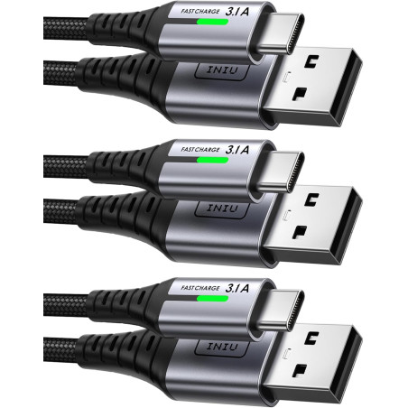 INIU Cable USB C Charge Rapide 3,1A, [2m+2m+0,5m/Lot de 3] Câble USB vers USB C, Nylon Chargeur Cable Type C USB A Cordon USBC p