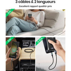 INIU Cable USB C Charge Rapide 3,1A, [2m+2m+0,5m/Lot de 3] Câble USB vers USB C, Nylon Chargeur Cable Type C USB A Cordon USBC p
