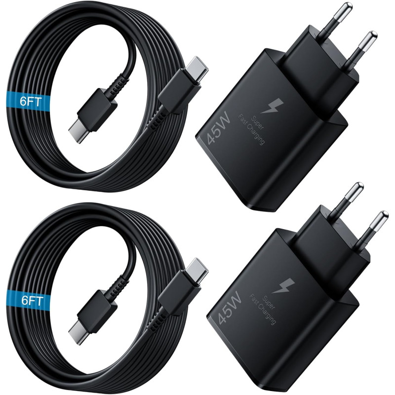 45W Chargeur USB C Rapide 2Pack avec Type C Câbles de 1.8M pour Samsung Galaxy S25,S24+,S24 Ultra,S23 + Ultra, Note20,A54,A53,Z 