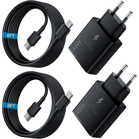 45W Chargeur USB C Rapide 2Pack avec Type C Câbles de 1.8M pour Samsung Galaxy S25,S24+,S24 Ultra,S23 + Ultra, Note20,A54,A53,Z 