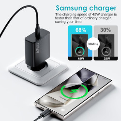 45W Chargeur USB C Rapide 2Pack avec Type C Câbles de 1.8M pour Samsung Galaxy S25,S24+,S24 Ultra,S23 + Ultra, Note20,A54,A53,Z 