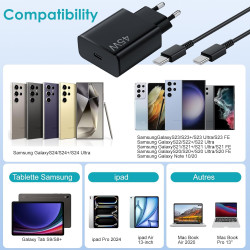 45W Chargeur USB C Rapide 2Pack avec Type C Câbles de 1.8M pour Samsung Galaxy S25,S24+,S24 Ultra,S23 + Ultra, Note20,A54,A53,Z 
