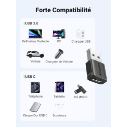 Uvert adaptateur usb vers usb c 3.2 10gbps lot de 3 convertisseur type c femelle vers type a mâle charge rapide data sync compat