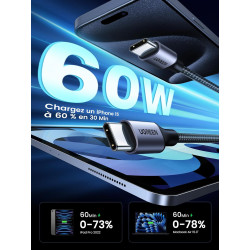 Ugreen câble usb c vers usb c pd charge rapide 60w nylon tressé compatible avec iphone 17 pro max air 16 galaxy s26 s25 plus ult