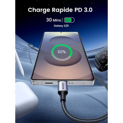 Ugreen câble usb c vers usb c pd charge rapide 60w nylon tressé compatible avec iphone 17 pro max air 16 galaxy s26 s25 plus ult