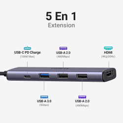 Uvert revodok 105 hub usb c hdmi 4k pd 100w charge multi data ports 5gbps 5 en 1 adaptateur usb c vers hdmi compatible avec macb