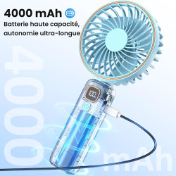 Mini Ventilateur Portable, 4000mAh Ventilateur USB, Longue Autonomie, Petit Ventilateur 3-en-1 pour Main, Cou ou Table, Ventilat