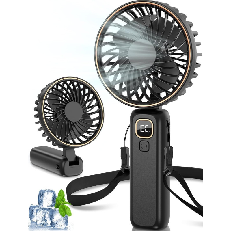 Mini Ventilateur Portable, 4000mAh Ventilateur USB, Longue Autonomie, Ventilateur Silencieux avec 6 Vitesses & Lanière, Mini Ven