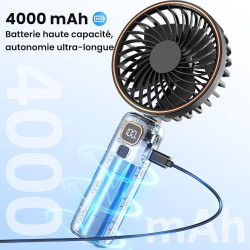 Mini Ventilateur Portable, 4000mAh Ventilateur USB, Longue Autonomie, Ventilateur Silencieux avec 6 Vitesses & Lanière, Mini Ven