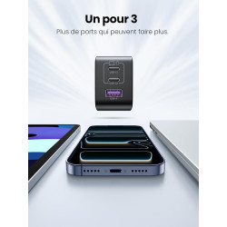 Uvert nexode 65w chargeur usb c rapide 3 ports gan prise usb c compatible avec iphone 17 pro max air 16 15 14 13 12 galaxy s26 s
