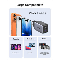 Uvert nexode 65w chargeur usb c rapide 3 ports gan prise usb c compatible avec iphone 17 pro max air 16 15 14 13 12 galaxy s26 s