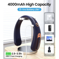 Ventilateur de Cou Portable, Ventilateur USB Rechargeable 4000mAh Max 15H, Ventilateur Silencieux sans Pale, 3 Vitesses et Affic