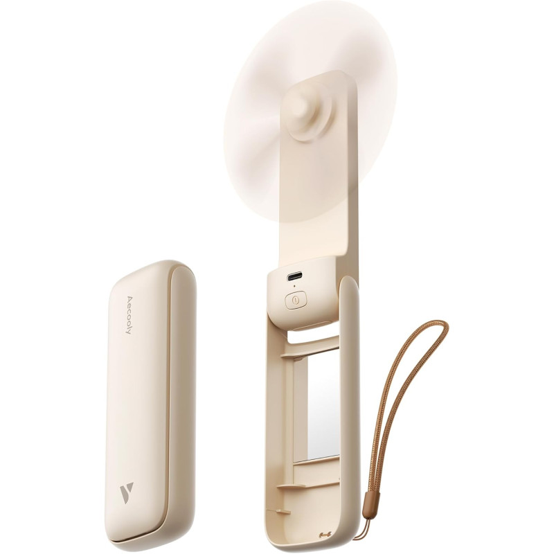 Aecooly mini ventilateur portable avec miroir, petit ventilateur à main usb rechargeable [24h d'autonomie], pliable et puissant 
