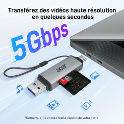 Acer Lecteur de Carte SD 3.0, SD Card Reader USB C et USB 3.0 pour SD/Micro SD/SDHC/SDXC/MMC, Compatible avec iPhone 17 Pro, Mac