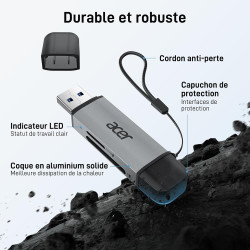 Acer Lecteur de Carte SD 3.0, SD Card Reader USB C et USB 3.0 pour SD/Micro SD/SDHC/SDXC/MMC, Compatible avec iPhone 17 Pro, Mac