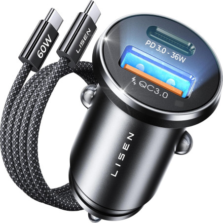 LISEN Chargeur Voiture USB C 54W+60W C-C Câble, Charger Allume Cigare USB C Rapide, Prise Allume Cigare 12V, Accessoire Voiture 