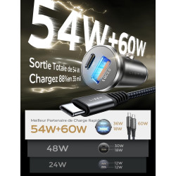 LISEN Chargeur Voiture USB C 54W+60W C-C Câble, Charger Allume Cigare USB C Rapide, Prise Allume Cigare 12V, Accessoire Voiture 