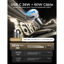LISEN Chargeur Voiture USB C 54W+60W C-C Câble, Charger Allume Cigare USB C Rapide, Prise Allume Cigare 12V, Accessoire Voiture 