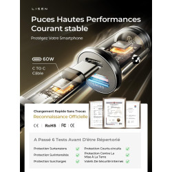 LISEN Chargeur Voiture USB C 54W+60W C-C Câble, Charger Allume Cigare USB C Rapide, Prise Allume Cigare 12V, Accessoire Voiture 