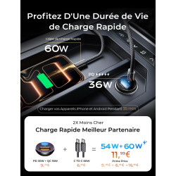 LISEN Chargeur Voiture USB C 54W+60W C-C Câble, Charger Allume Cigare USB C Rapide, Prise Allume Cigare 12V, Accessoire Voiture 