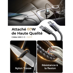 LISEN Chargeur Voiture USB C 54W+60W C-C Câble, Charger Allume Cigare USB C Rapide, Prise Allume Cigare 12V, Accessoire Voiture 