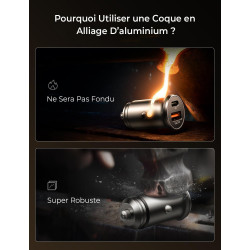 LISEN Chargeur Voiture USB C 54W+60W C-C Câble, Charger Allume Cigare USB C Rapide, Prise Allume Cigare 12V, Accessoire Voiture 