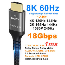 Ubluker 8K Câble HDMI 10M, Nylon tonné Câble Haute Vitesse HDMI® 4k 120Hz 2k 165Hz 8k 60Hz 12bit eARC ARC Dolby Atmos HDR10+ HDC