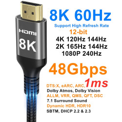 Ubluker 8K Câble HDMI 15M, Nylon tonné Câble Haute Vitesse HDMI® 4k 120Hz 2k 165Hz 8k 60Hz 12bit eARC ARC Dolby Atmos HDR10+ HDC