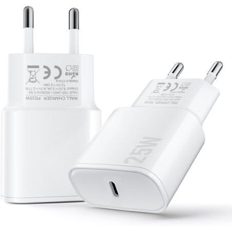 Chargeur USB C, 2 Pack 25W Prise USB C Rapide Secteur Mural Alimentation Adaptateur pour iPhone 17 16 15 14 13 12 11 Pro Max XR 