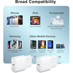 Chargeur USB C, 2 Pack 25W Prise USB C Rapide Secteur Mural Alimentation Adaptateur pour iPhone 17 16 15 14 13 12 11 Pro Max XR 