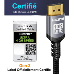 Sniokco 10K 8K 4K Câble HDMI 2.1 48Gbps 1.5M, Certifié Ultra Haute Vitesse HDMI® Cable 0.01ms 4K 240Hz 165Hz 120Hz 8K 60Hz eARC 