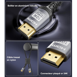 Sniokco 10K 8K 4K Câble HDMI 2.1 48Gbps 2.5M, Certifié Ultra Haute Vitesse HDMI® Cable 0.01ms 4K 240Hz 165Hz 120Hz 8K 60Hz eARC 
