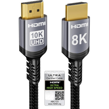 Sniokco 10K 8K 4K Câble HDMI 2.1 48Gbps 7.62M, Certifié Ultra Haute Vitesse HDMI® Cable 0.01ms 4K 240Hz 165Hz 120Hz 8K 60Hz eARC