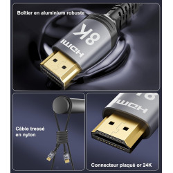 Sniokco 8K 4K Câble HDMI 2.1 48Gbps 10M, Haute Vitesse HDMI® Cable 0.01ms 4K 240Hz 165Hz 120Hz 8K 60Hz eARC Netflix HDCP 2.3 2.2