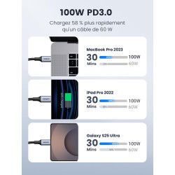 Uvert lot de 2 câble usb c vers usb c pd 100w 5a 20v charge rapide compatible avec macbook ipad pro iphone 17 pro max air 16 gal