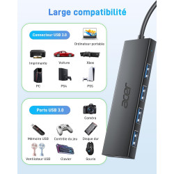 acer Hub USB 3.0 avec 4 Ports USB 3.0, Adaptateur Multiport USB pour PC, MacBook Air, Mac Pro/Mini, iMac, Surface Pro, XPS, PS4,