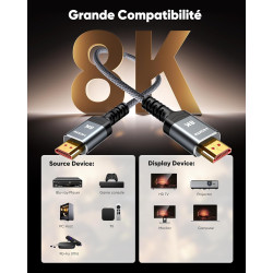 Snowkids 8K Cable HDMI 12M, Ultra Haut Débit 48Gbps 8K@60Hz 4K@120Hz Cordon HDMI 2.1, HDR10+ ARC eARC HDCP 2.2&2.3 Compatible av