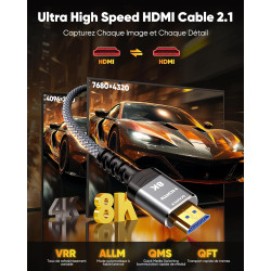 Snowkids 8K Câble HDMI 2.1 20M, Ultra Haut Débit 48Gbps 8K@60Hz 4K@120Hz Cordon HDMI, HDR10+ ARC eARC HDCP 2.2&2.3 Compatible av