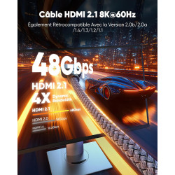 Snowkids 10K 8K Cable HDMI 2M, Ultra Haut Débit 48Gbps 8K@60Hz 4K@120Hz Cordon HDMI 2.1, HDR10+ ARC eARC HDCP 2.2&2.3 Compatible