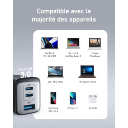 Anker Chargeur USB C (Nano II 65 W), Station 3 Ports, PPS, Rapide, Bloc d'alimentation USB C Compact pour iPhone 17/iPhone 17 Pr