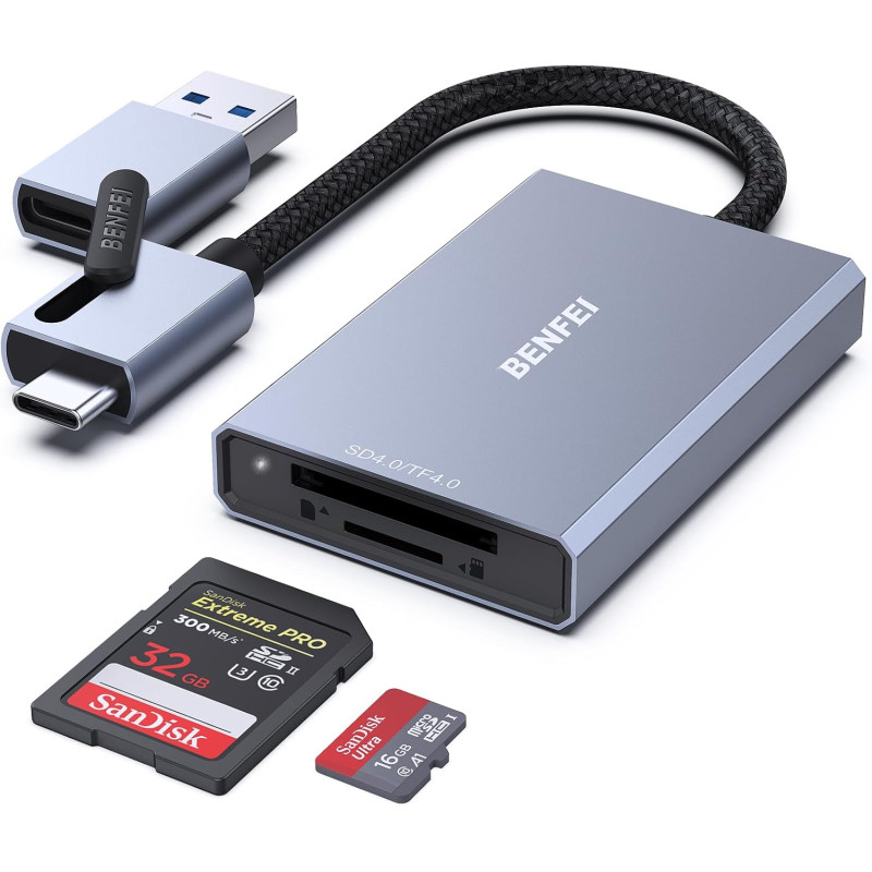 BENFEI Lecteur de Carte SD 4.0, Lecteur de Carte mémoire USB-C/USB-A 2-en-1, pour SDXC, SDHC, SD, MMC, RS-MMC, Micro SDXC, Micro