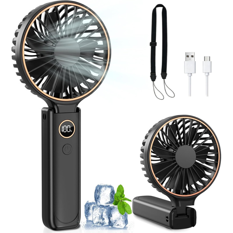 Rintea Mini Ventilateur Portable, 6 vitesses avec Écran LED, Rechargeable USB-C, Silencieux Petit Ventilateur de Bureau pour voy