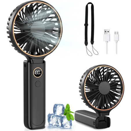 Rintea Mini Ventilateur Portable, 6 vitesses avec Écran LED, Rechargeable USB-C, Silencieux Petit Ventilateur de Bureau pour voy