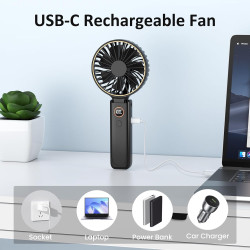 Rintea Mini Ventilateur Portable, 6 vitesses avec Écran LED, Rechargeable USB-C, Silencieux Petit Ventilateur de Bureau pour voy