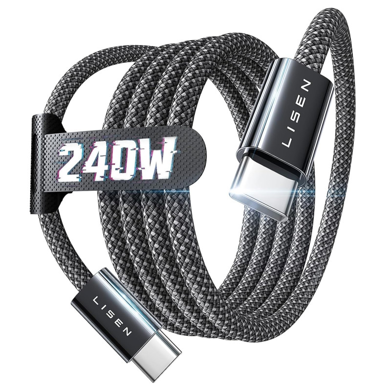 LISEN 240W Cable USB C Charge Rapide, 1m PD 5A Cable USB C vers USB C Câble Chargeur USBC Nylon Tressé pour iPhone 17 16 Samsung