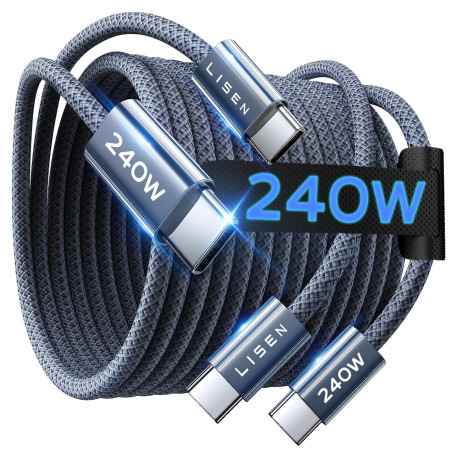 LISEN 240W Cable USB C Charge Rapide, 2m+2m PD 5A Cable USB C vers USB C Câble Chargeur USBC Nylon Tressé pour iPhone 17 16 Sams