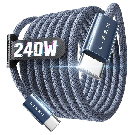LISEN 240W Cable USB C Charge Rapide, 2m PD 5A Cable USB C vers USB C Câble USBC Chargeur Nylon Tressé pour iPhone 17 16 Samsung