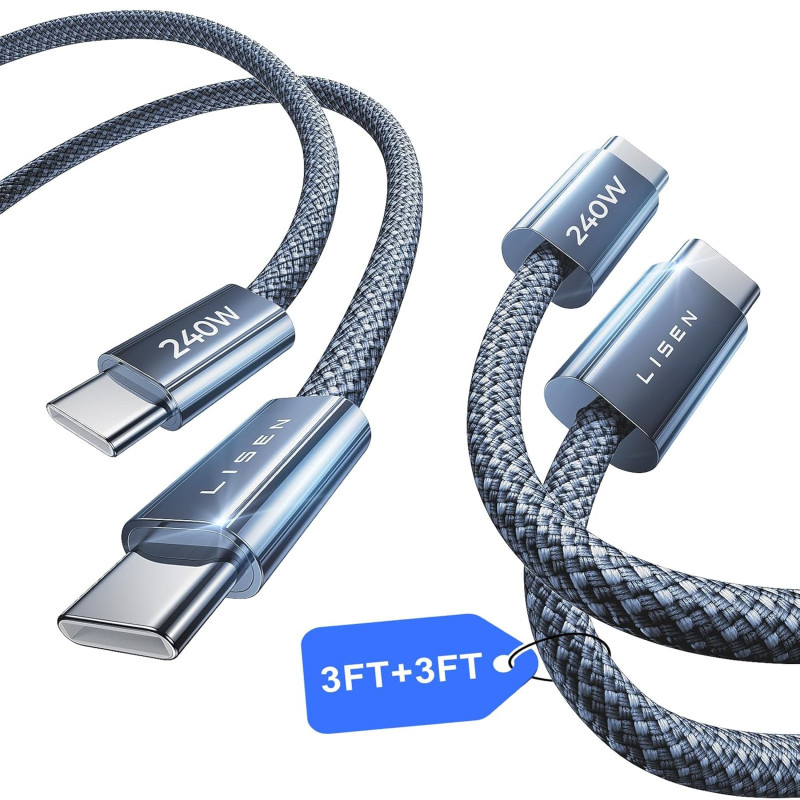 LISEN 240W Cable USB C Charge Rapide, 1m+1m PD 5A Cable USB C vers USB C Câble Chargeur USBC Nylon Tressé pour iPhone 17 16 Sams
