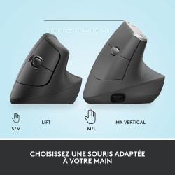 Logitech lift souris ergonomique verticale, sans fil, bleutooth ou récepteur usb logi bolt, silencieuse, 4 boutons, compatible a